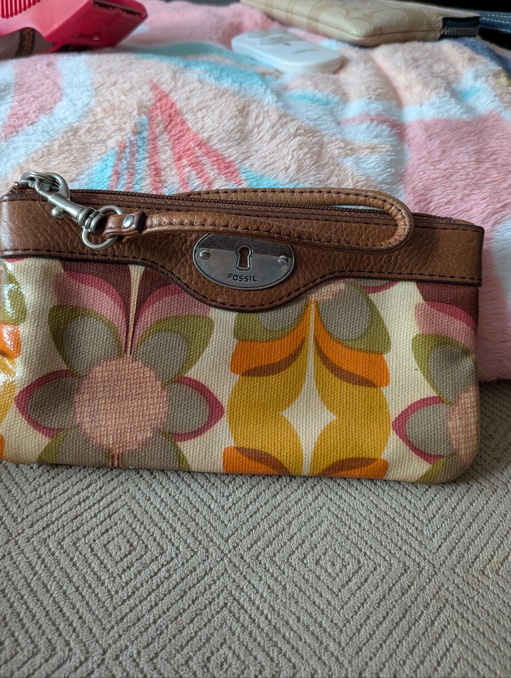 Fossil Floral Multi-Color Canvas Wristlet with Brown Leather Trim
